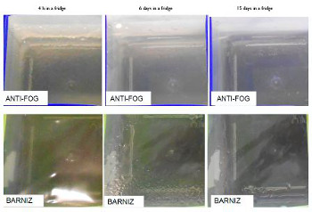 Anti-Fog vs Barniz: Comparative misting with a competitor film and a film Layer Anti-Fog Derprosa over a period of 15 days in a refrigerator